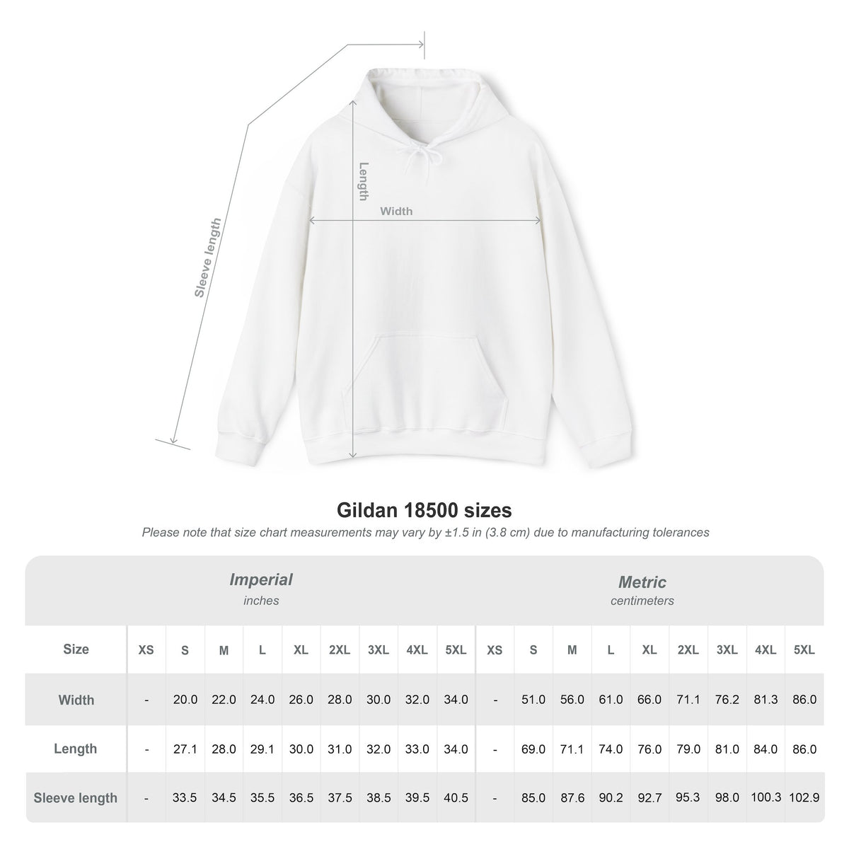 Gildan 18500 hoodie size chart with width length and sleeve measurements