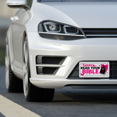 Girl Read Your Bible Christian license plate shown on front of white car