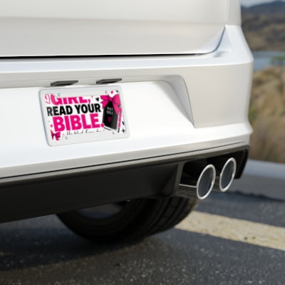 Girl Read Your Bible Christian license plate shown on rear of white car