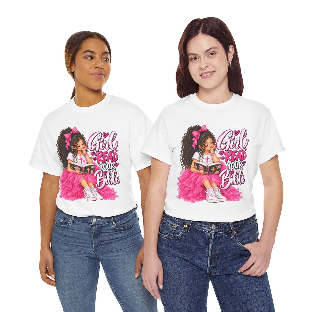 Girl Read Your Bible Christian T-shirt — Models wearing white shirts