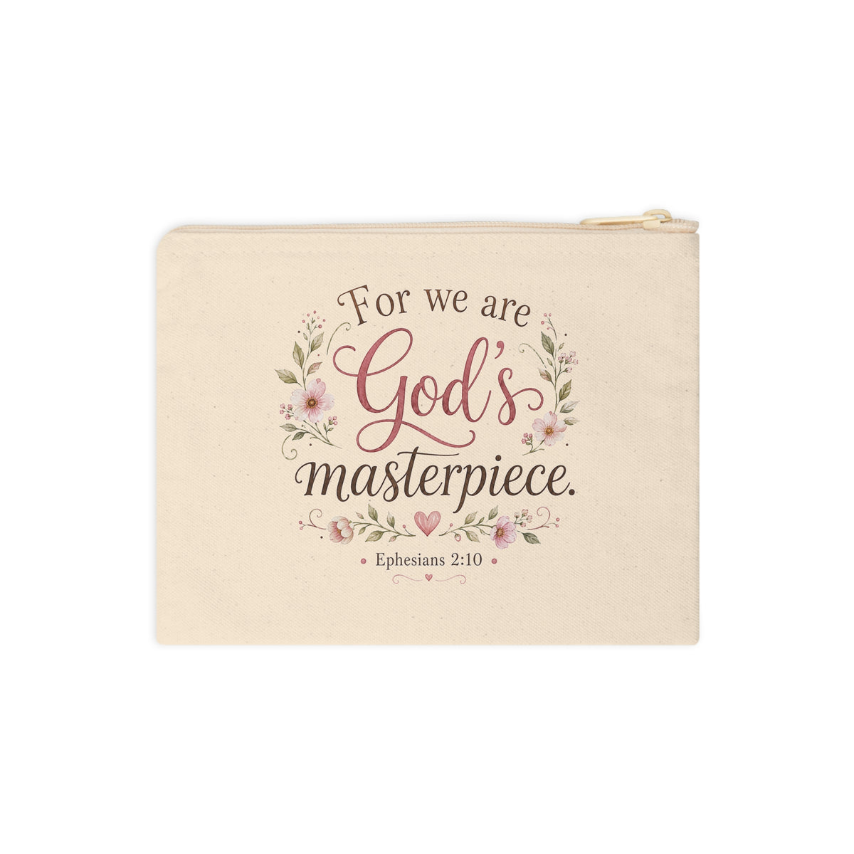 Front view of God's Masterpiece Ephesians 2:10 Christian canvas pouch