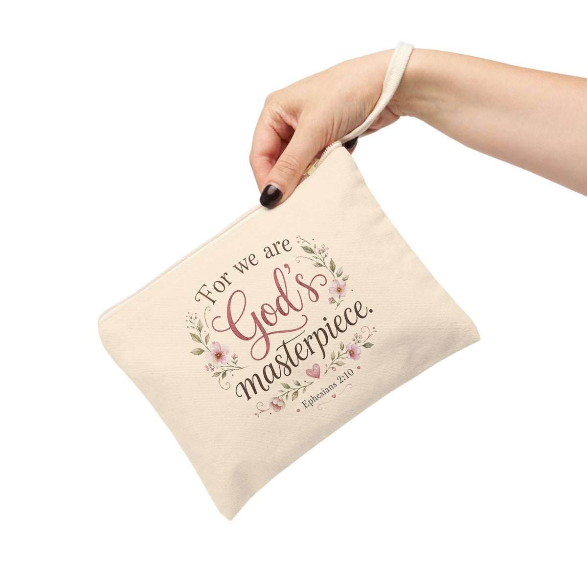 God's Masterpiece Ephesians 2:10 Christian canvas pouch held by hand