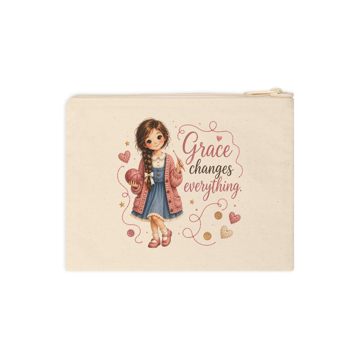Grace Changes Everything crochet girl Christian canvas pouch front