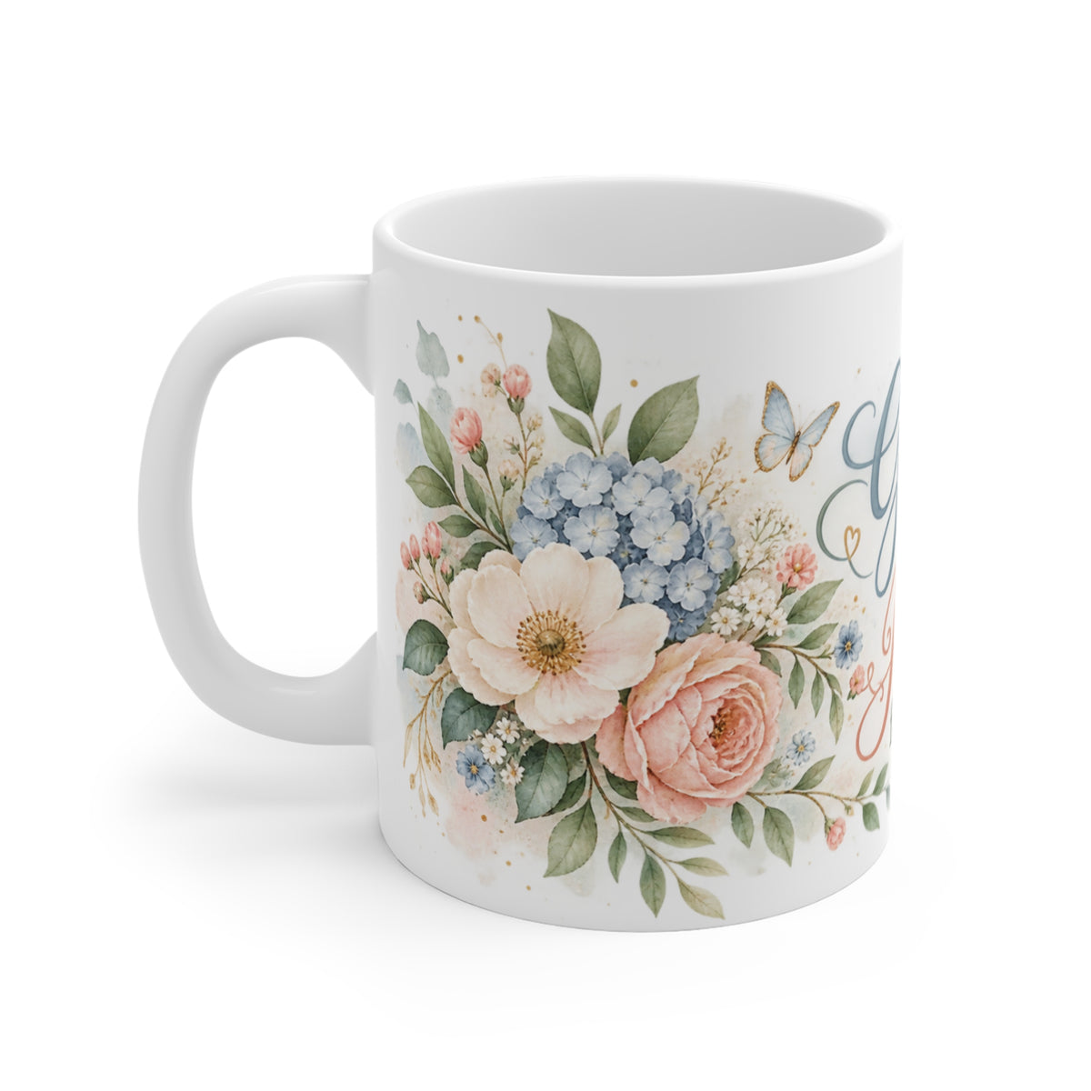 Left side view of Grace for Today Hope for Tomorrow floral ceramic mug