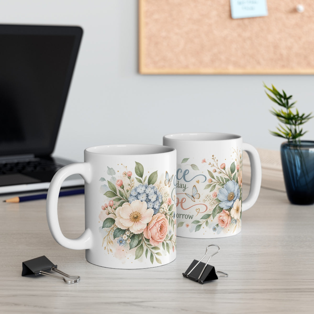 Grace for Today Hope for Tomorrow ceramic mug shown from two angles on a desk