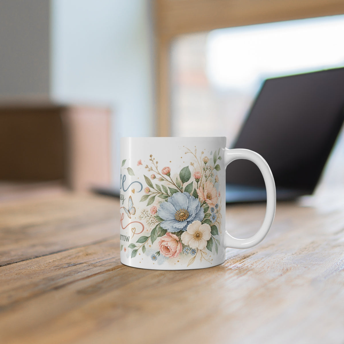 Grace for Today Hope for Tomorrow floral ceramic mug on a wooden desk