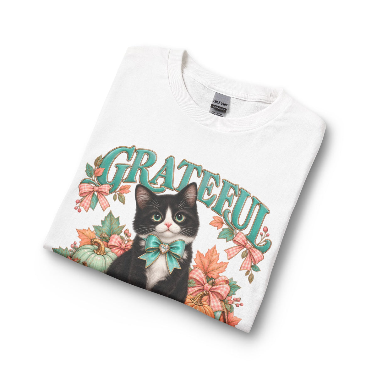 Folded white Grateful Thankful and Blessed fall cat long sleeve shirt