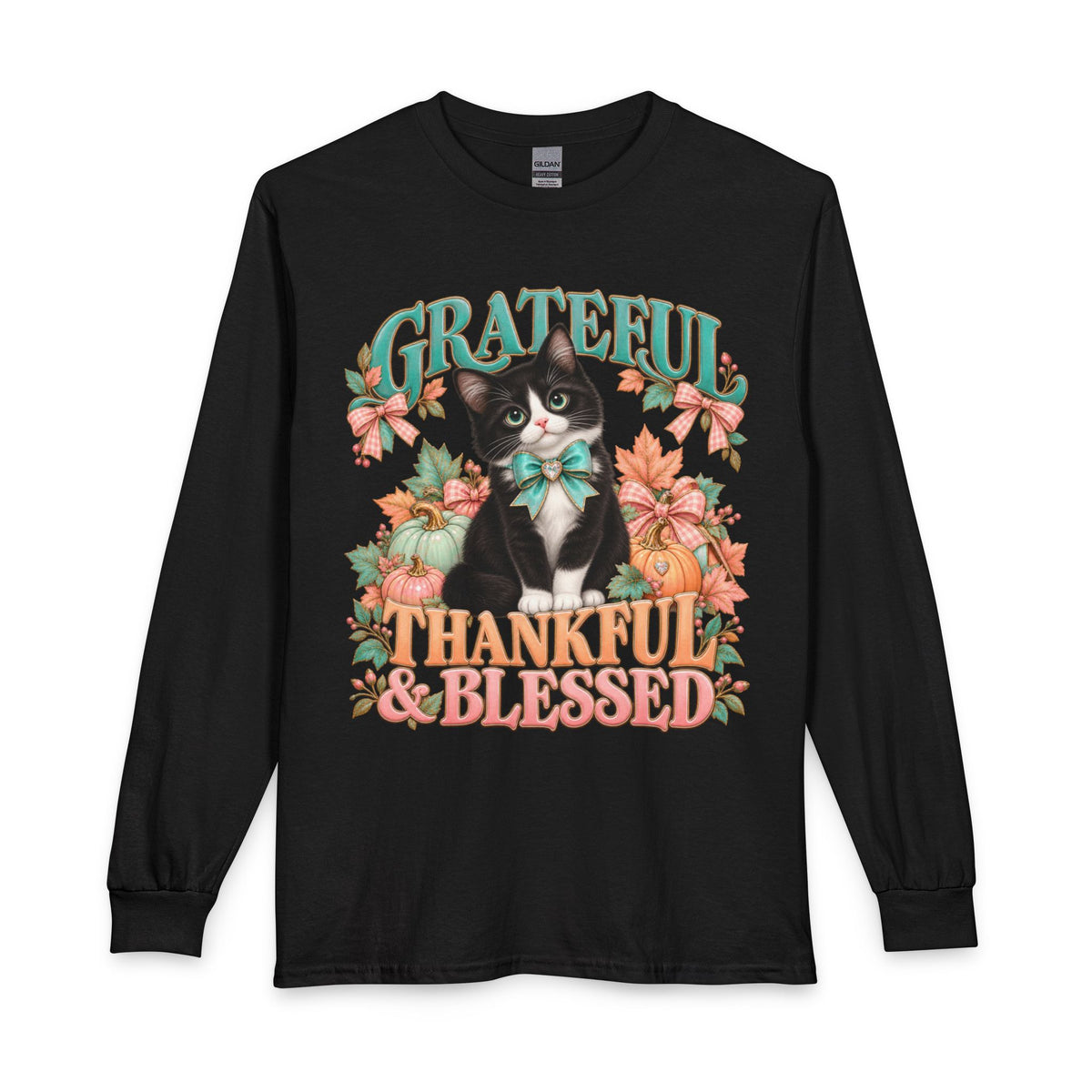Grateful Thankful and Blessed fall cat long sleeve shirt in black