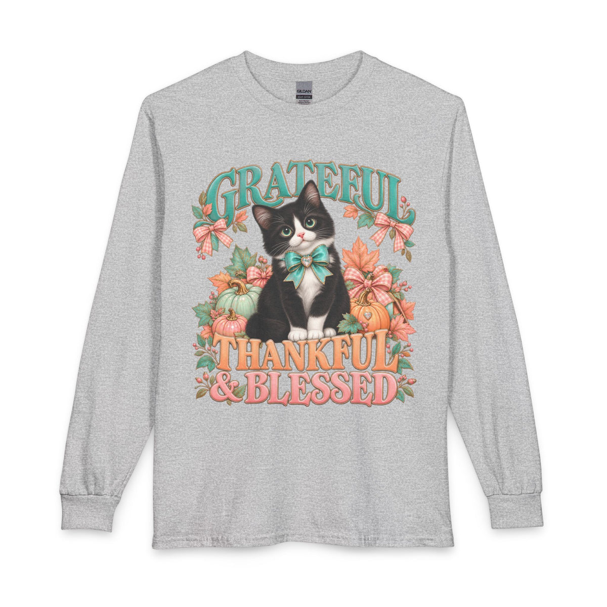 Grateful Thankful and Blessed fall cat long sleeve shirt in sport gray