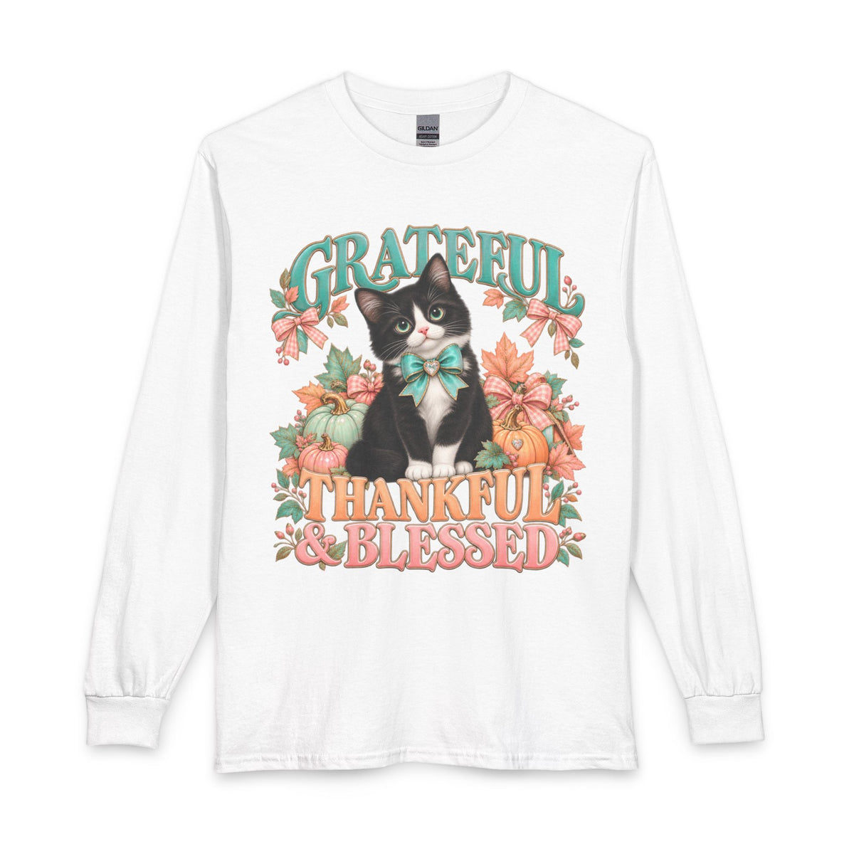 Grateful Thankful and Blessed fall cat long sleeve shirt in white