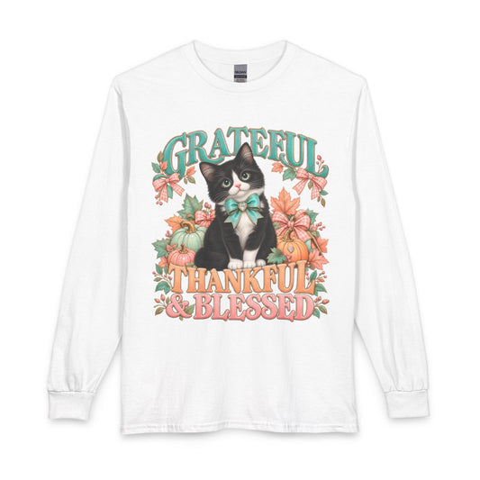 Grateful Thankful and Blessed fall cat long sleeve shirt in white