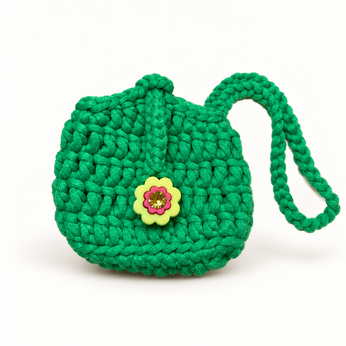 Green flower button crochet wristlet pouch front view