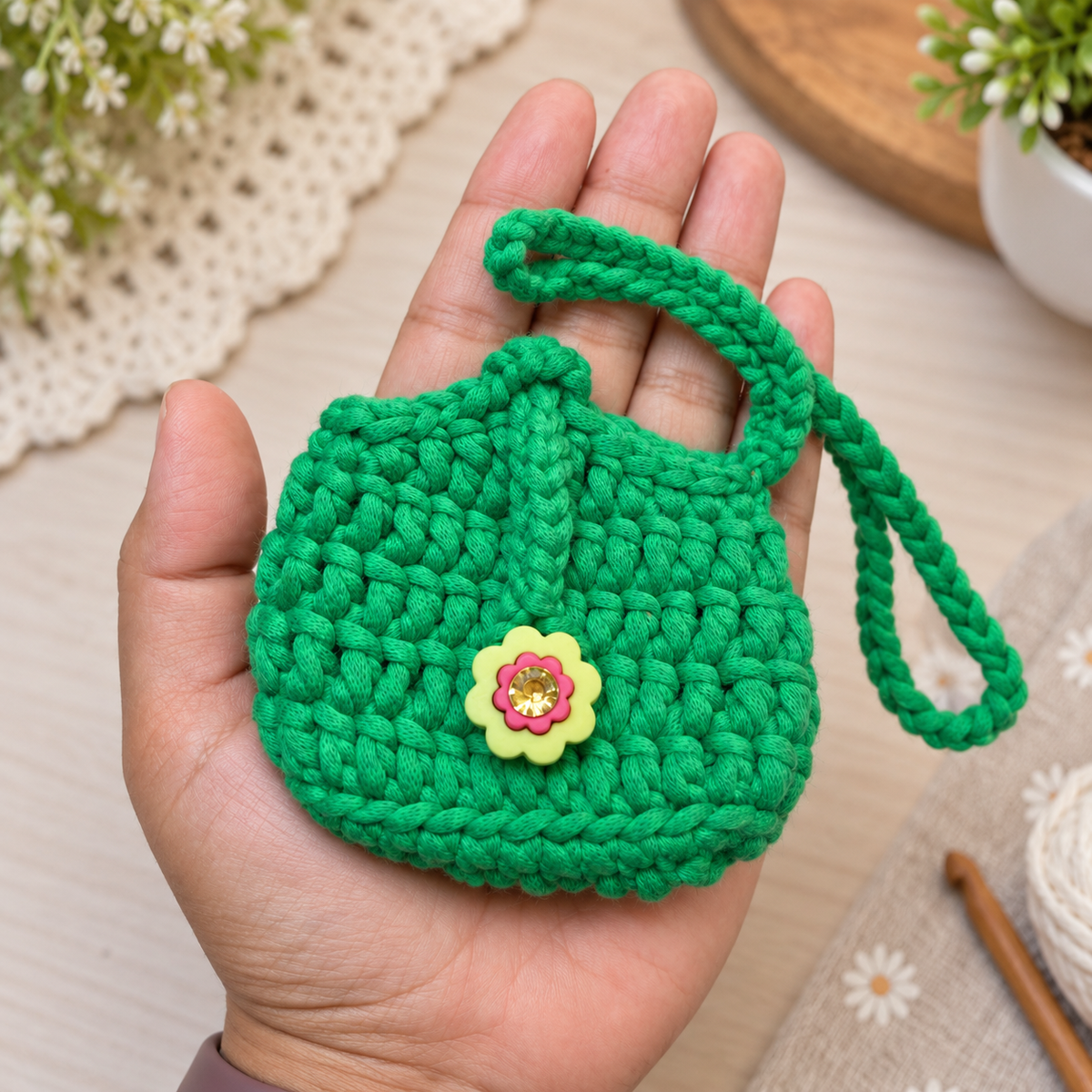 Green flower button crochet wristlet pouch in hand for size reference