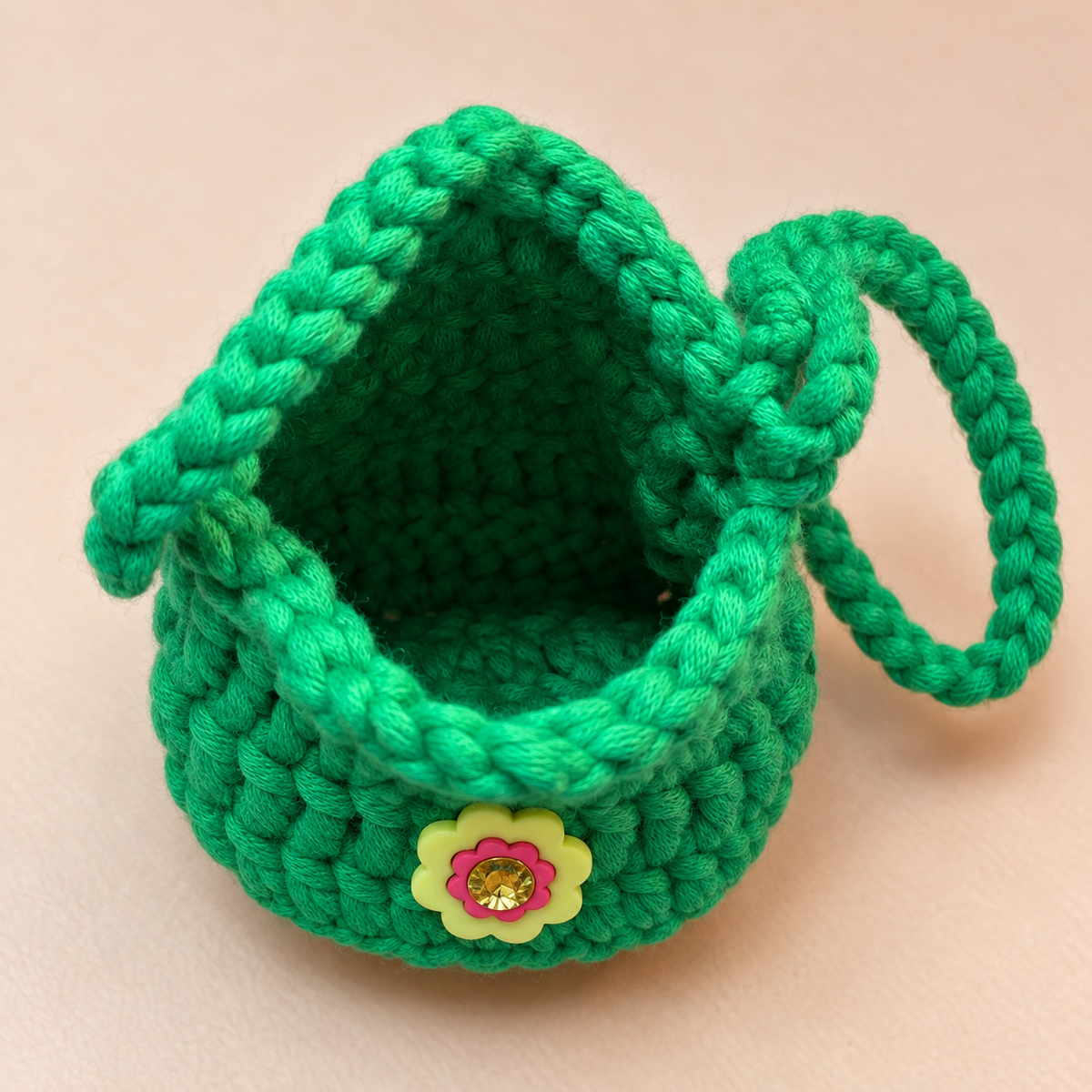Green flower button crochet wristlet pouch open unlined interior
