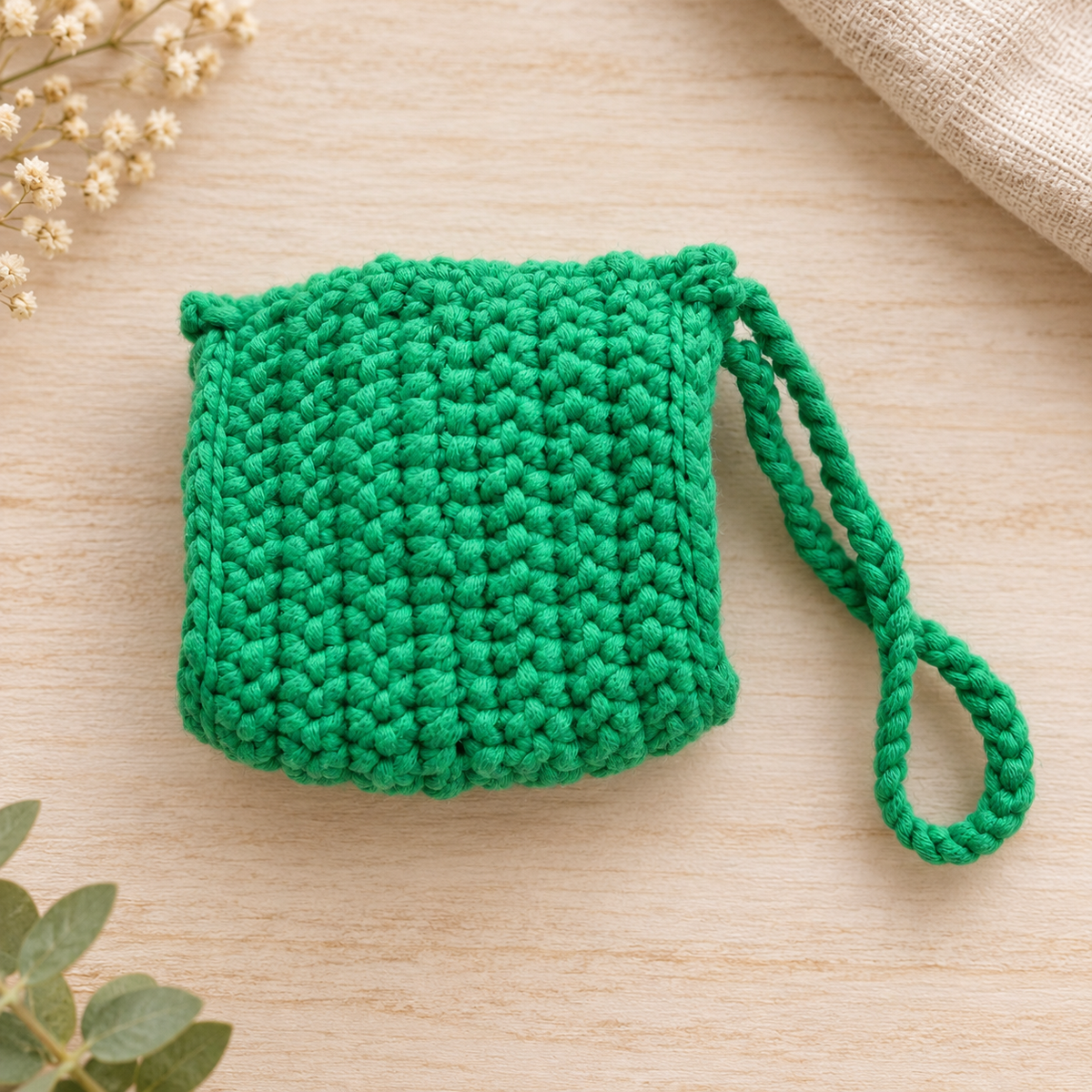 Green Rose Crochet Wristlet Pouch back view