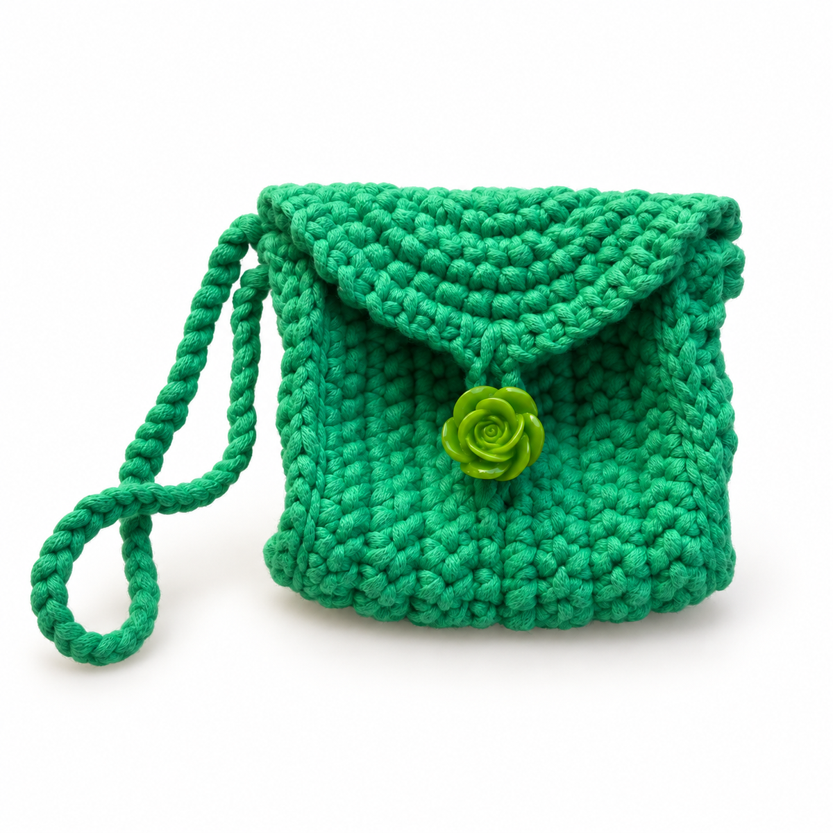 Green Rose Crochet Wristlet Pouch front view