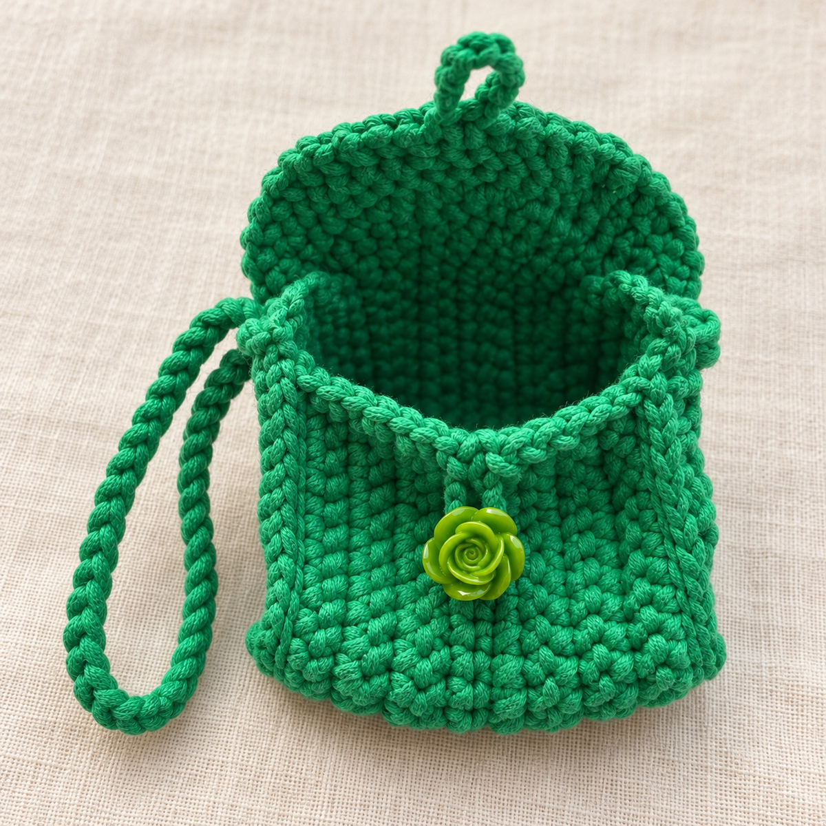 Green Rose Crochet Wristlet Pouch open unlined interior view