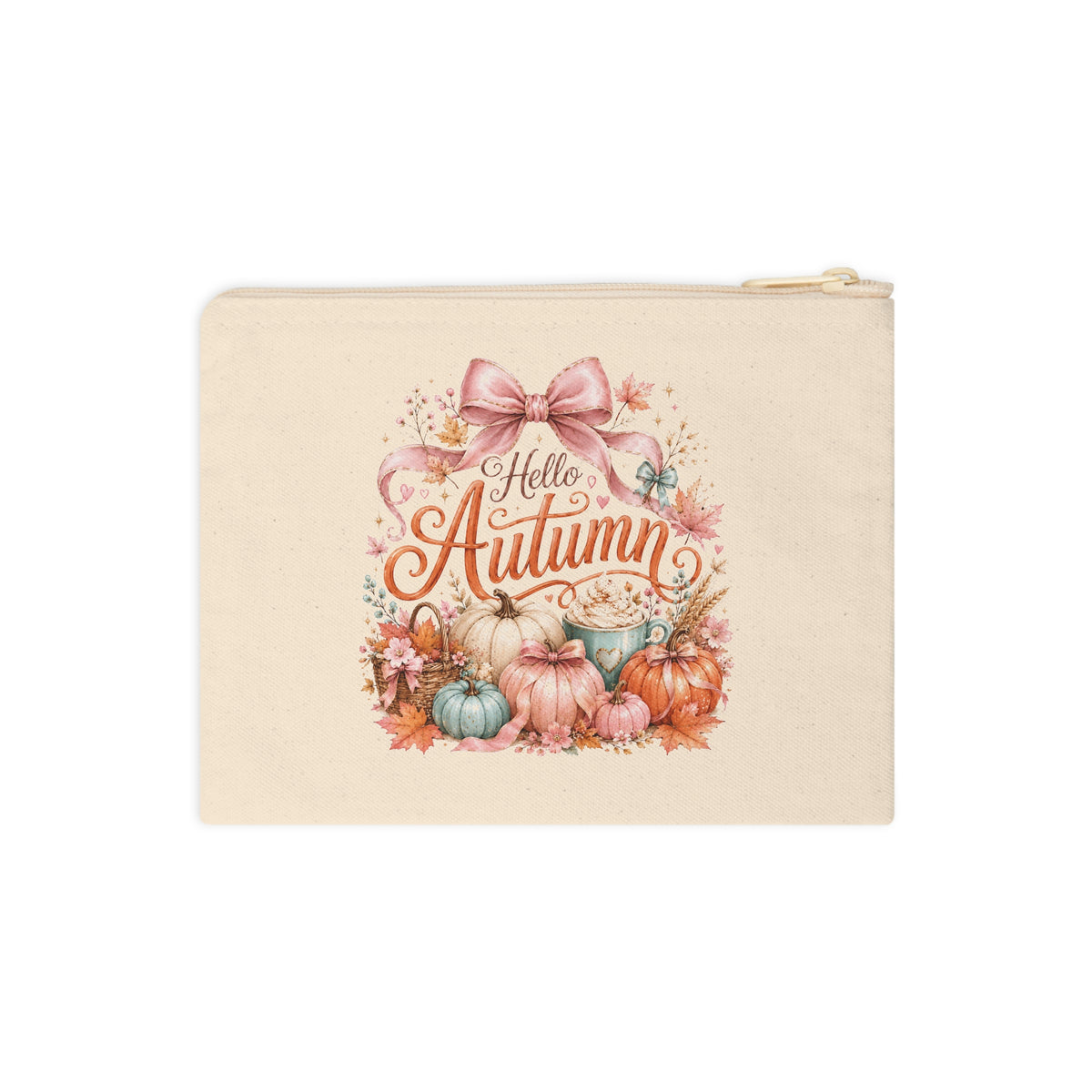 Front view of Hello Autumn canvas pouch with pink and teal pumpkins