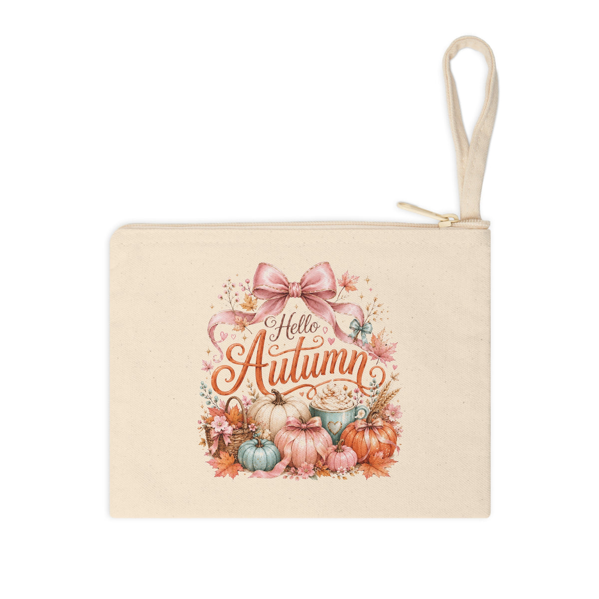 Hello Autumn fall canvas wristlet pouch with pink bow, pumpkins, and latte design
