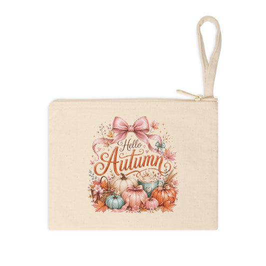 Hello Autumn fall canvas wristlet pouch with pink bow, pumpkins, and latte design