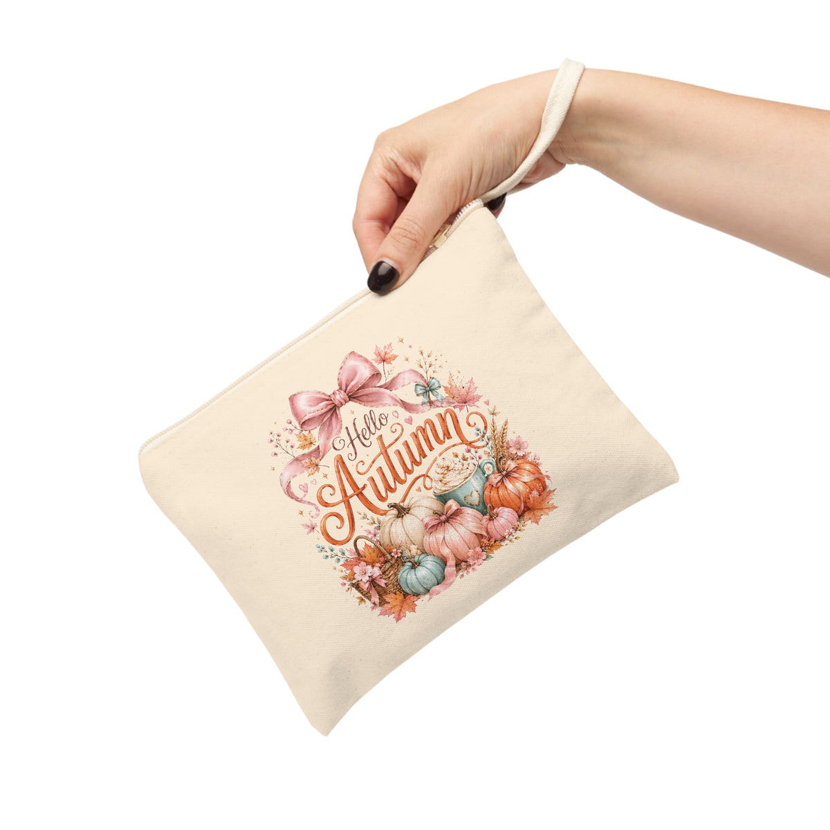 Hello Autumn fall canvas pouch held by wrist strap