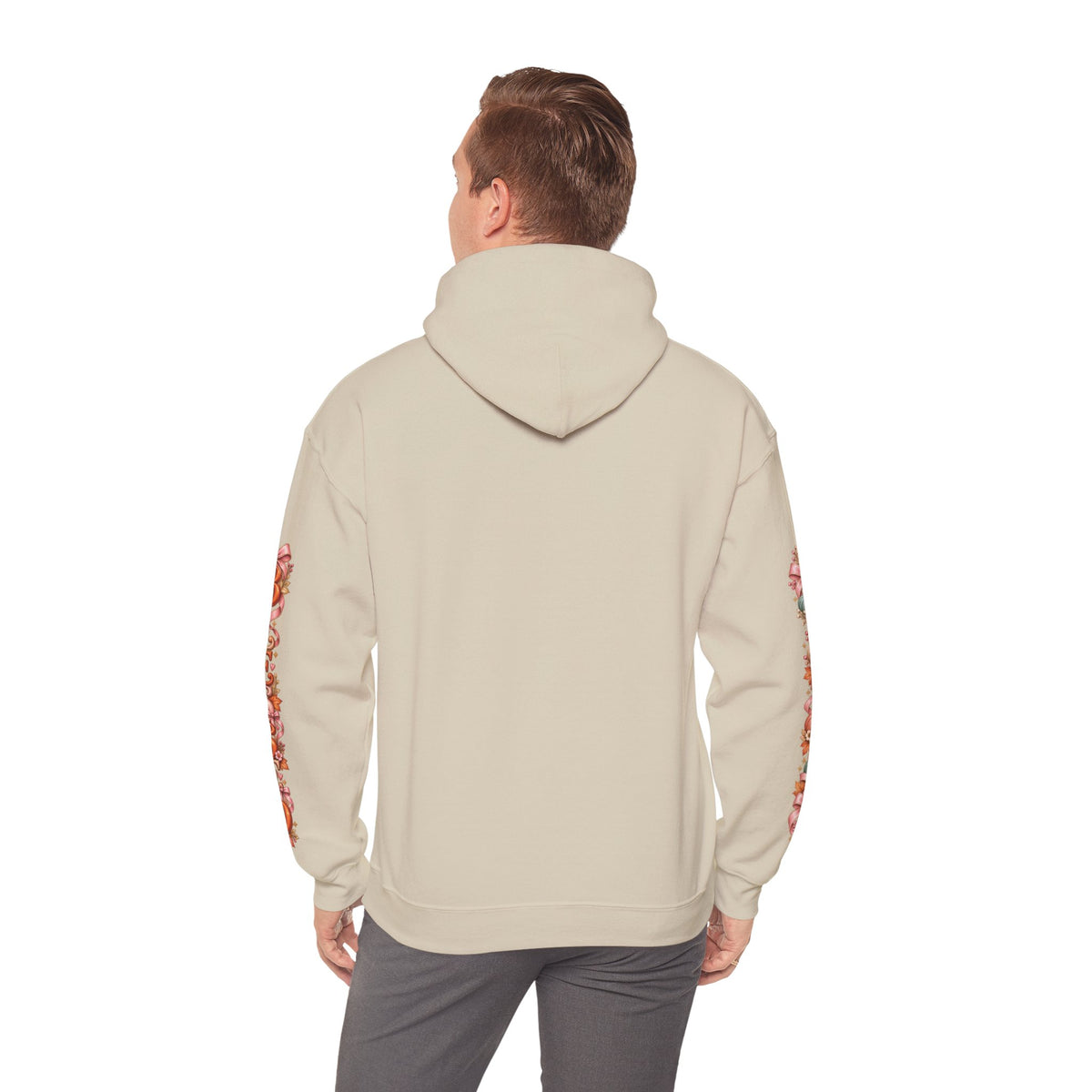 Back view of sand Hello Autumn hoodie showing sleeve designs and plain back