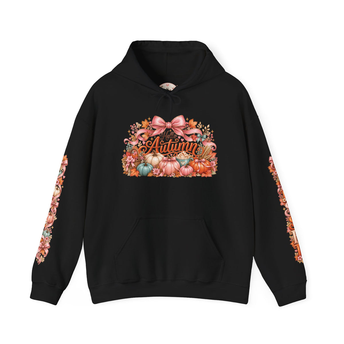 Hello Autumn coquette fall hoodie in black with front and sleeve designs