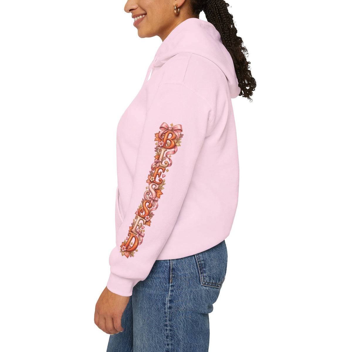 Light pink Hello Autumn hoodie showing vertical BLESSED sleeve print