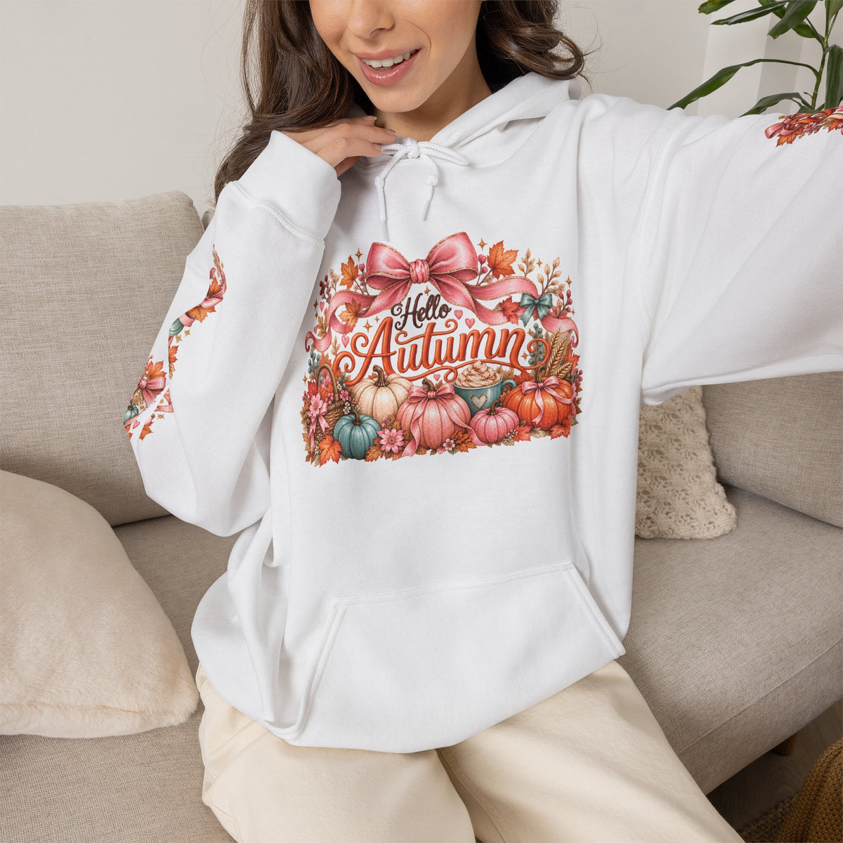Hello Autumn coquette fall hoodie in white with front pumpkin and bow design