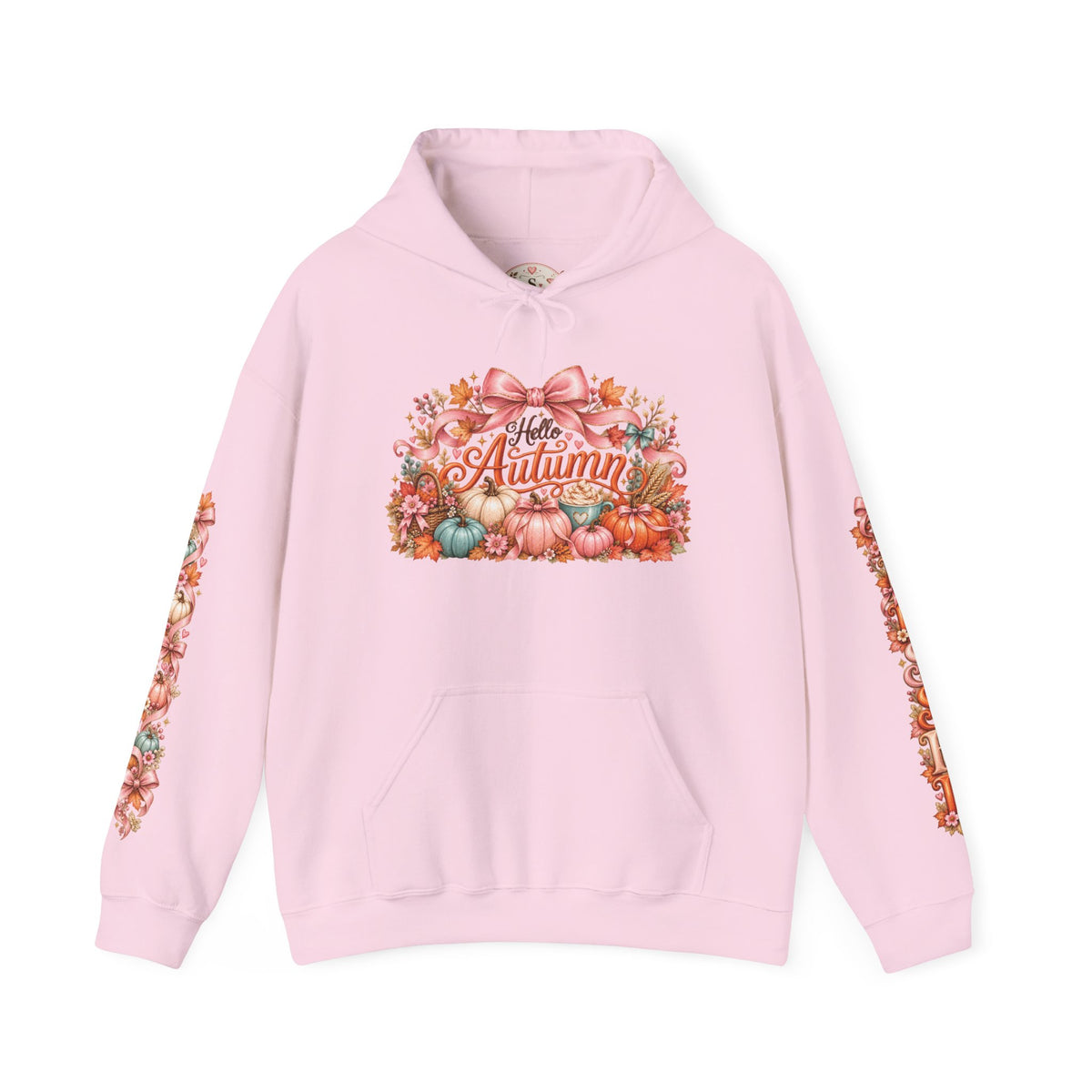 Hello Autumn coquette fall hoodie in light pink with printed sleeves