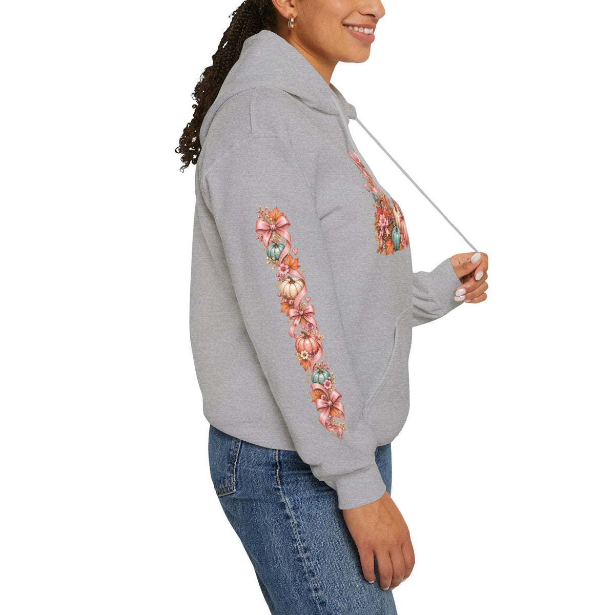 Sport gray Hello Autumn hoodie showing coordinating pumpkin and bow sleeve print