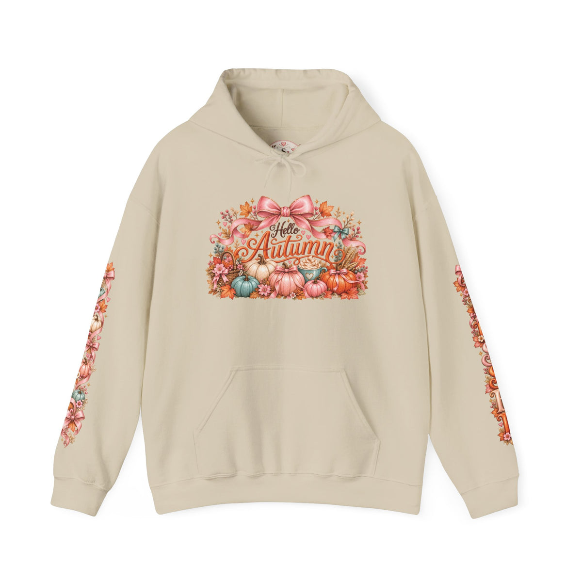 Hello Autumn coquette fall hoodie in sand with front and sleeve designs
