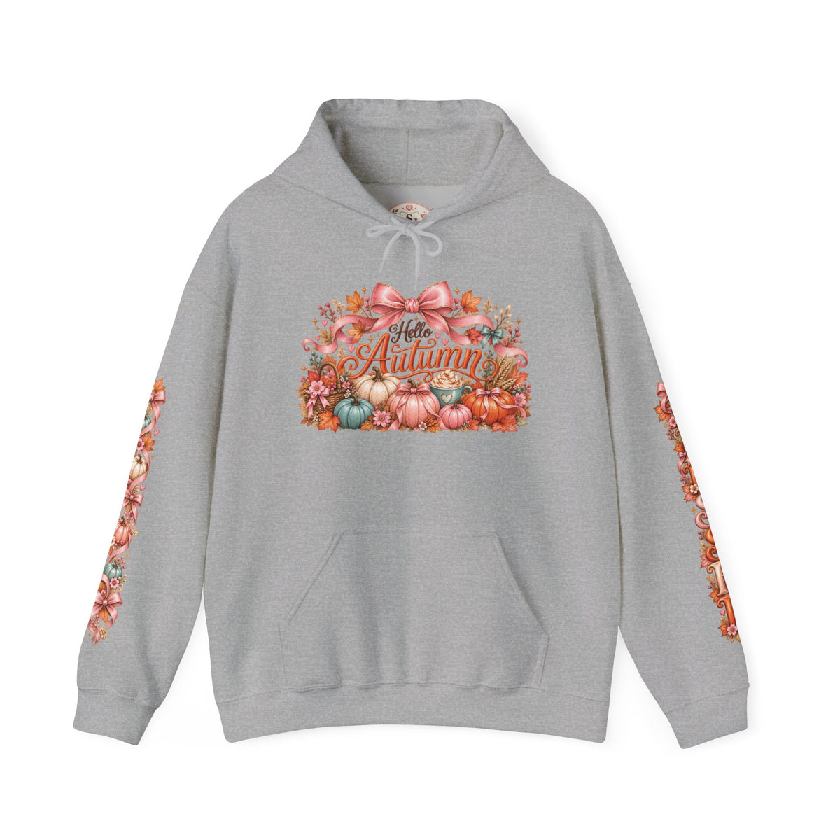 Hello Autumn coquette fall hoodie in sport gray with front and sleeve designs