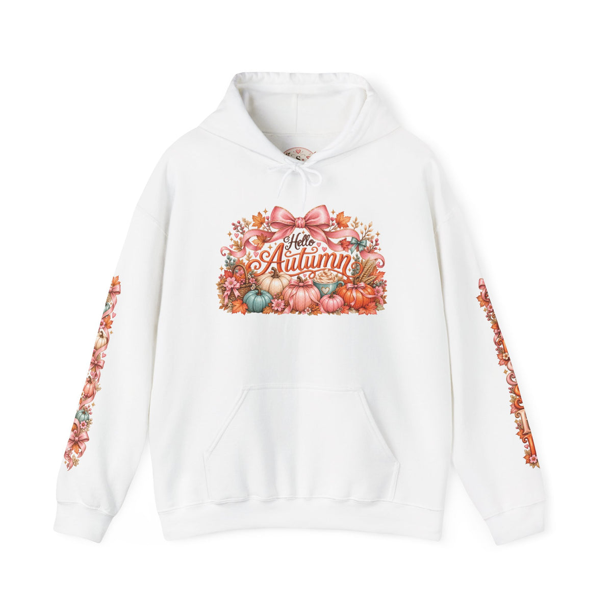Hello Autumn coquette fall hoodie in white with front and sleeve designs
