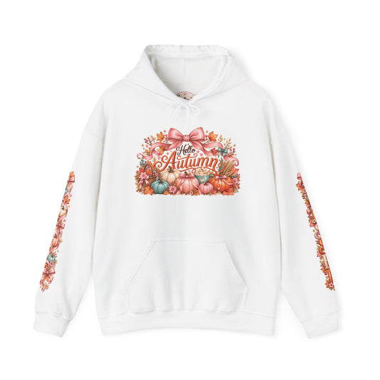 Hello Autumn coquette fall hoodie in white with front and sleeve designs