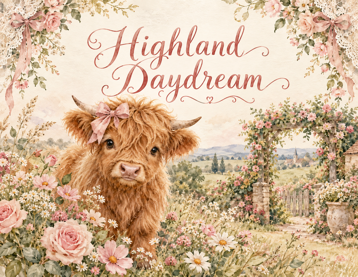 Highland Daydream paper kit cover with a bow-wearing baby Highland calf