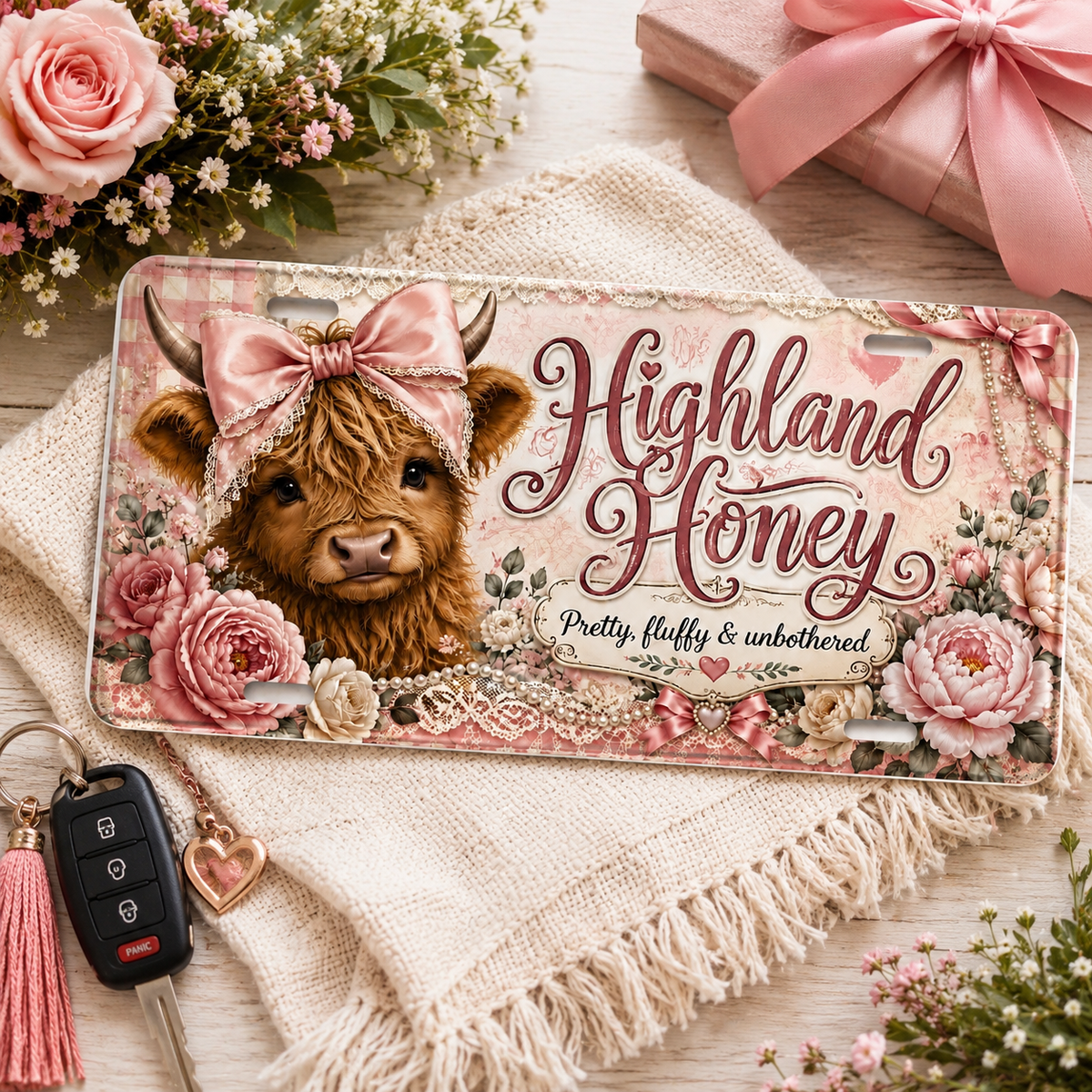 Highland Honey decorative license plate lifestyle mockup with Pretty, fluffy & unbothered design