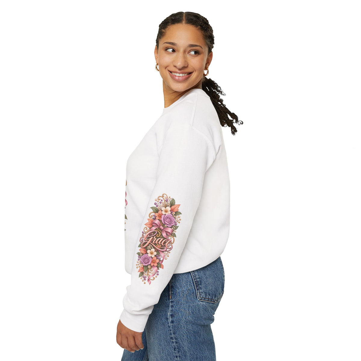 His Grace Is Always in Season sweatshirt left sleeve detail in white