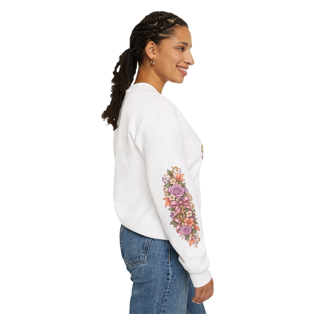 His Grace Is Always in Season sweatshirt right sleeve detail in white