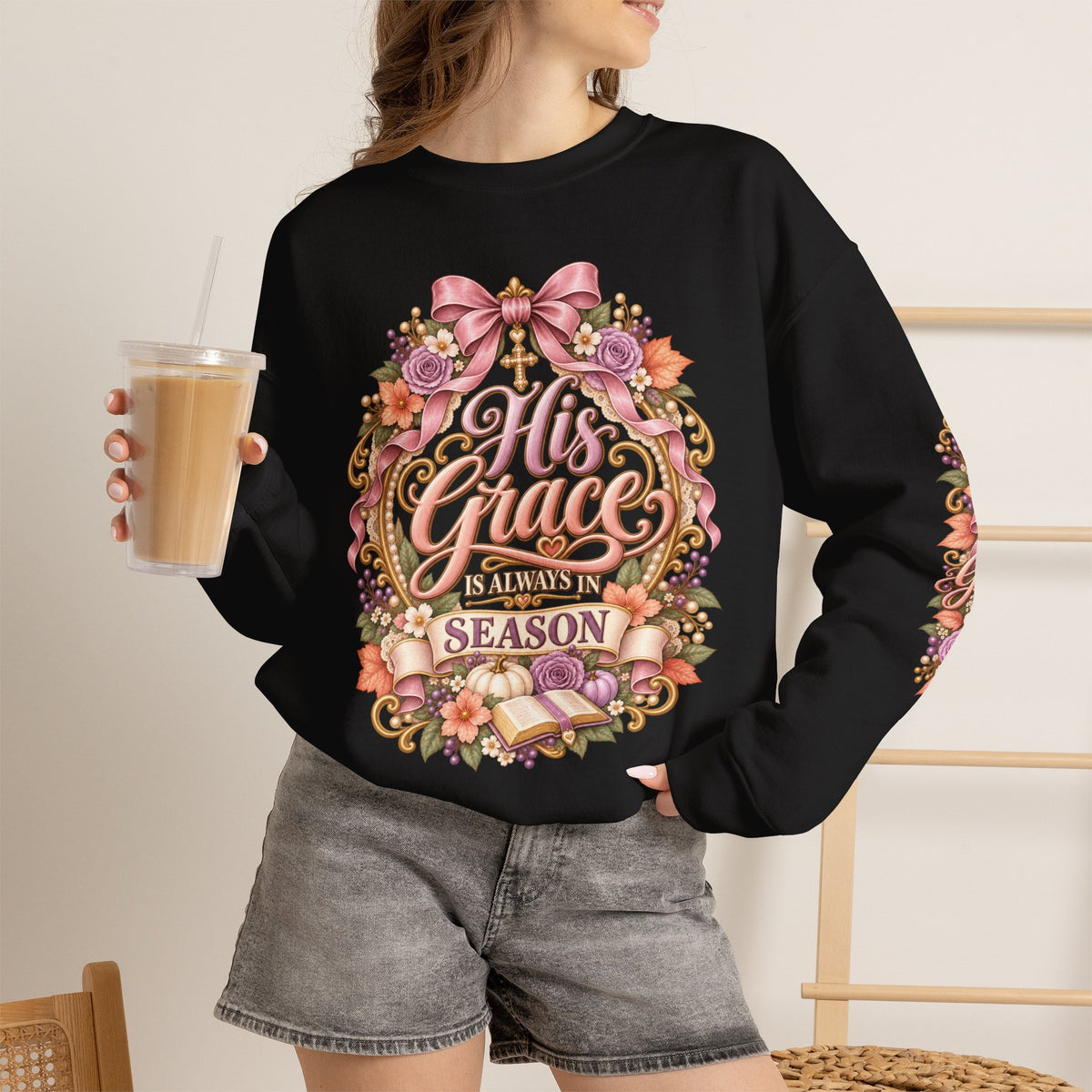His Grace Is Always in Season sweatshirt in black lifestyle view