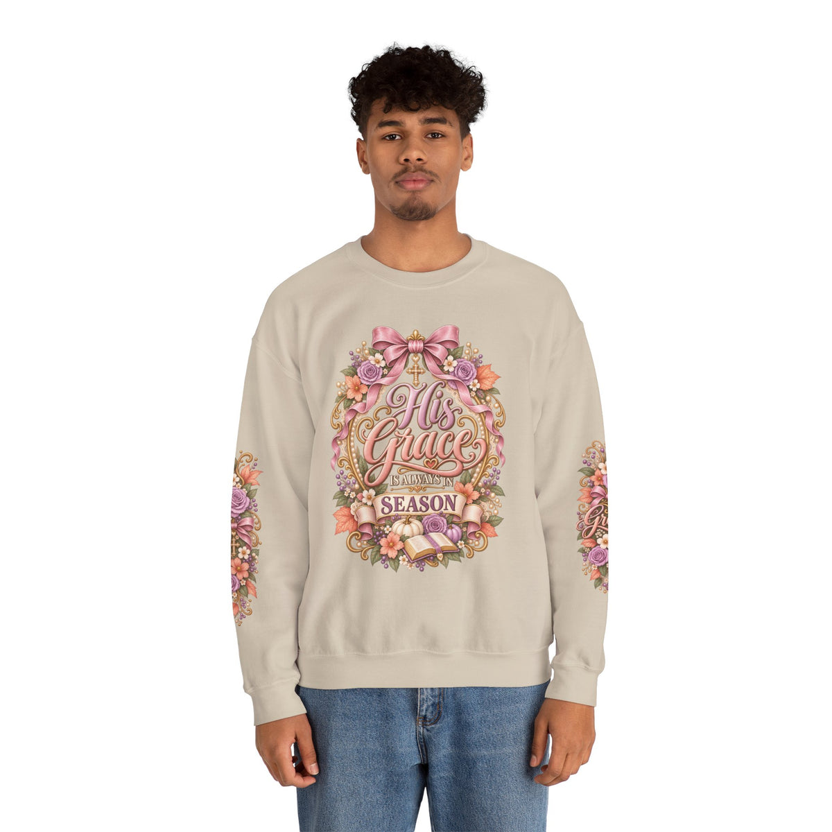 His Grace Is Always in Season sweatshirt in sand on model