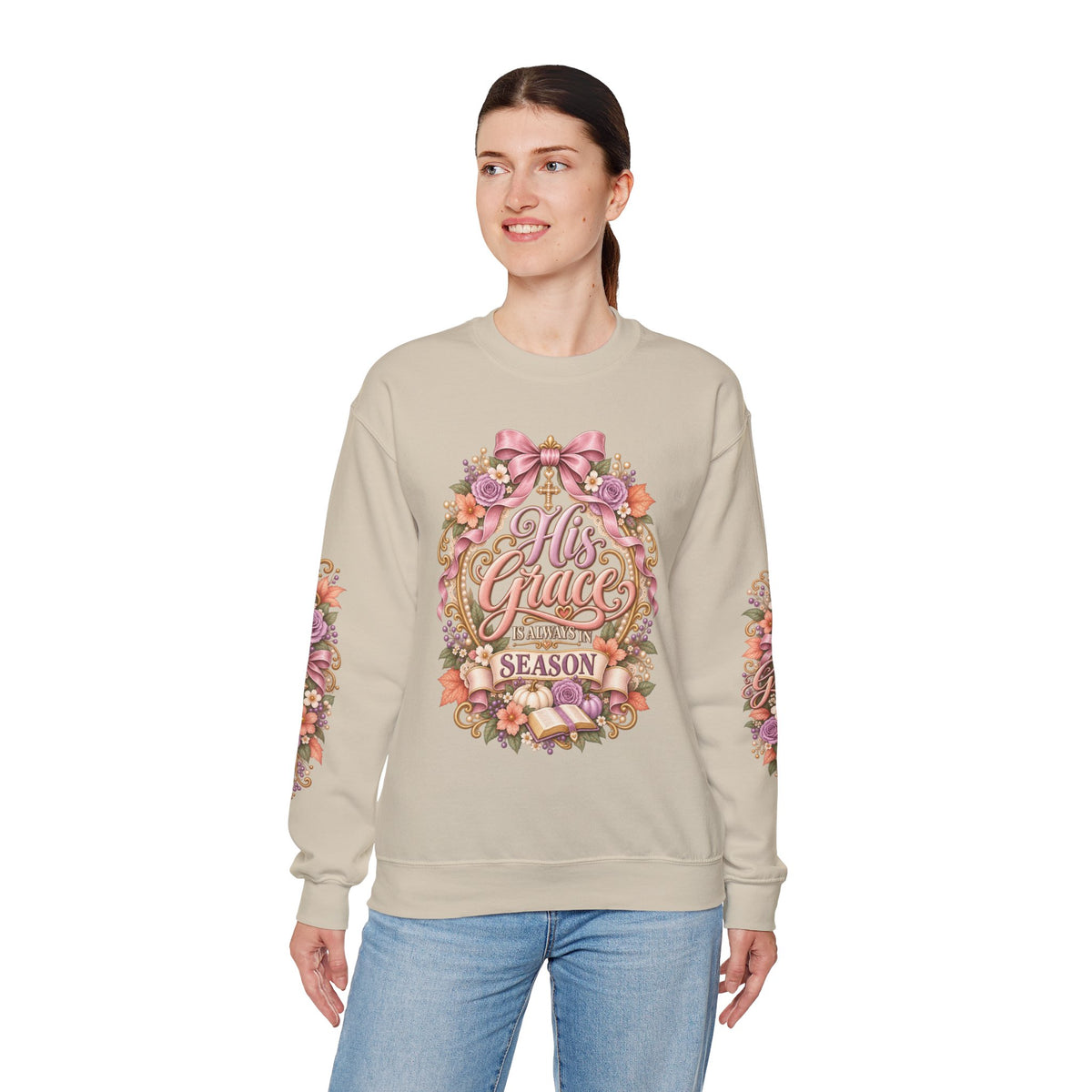 His Grace Is Always in Season sweatshirt in sand second model view