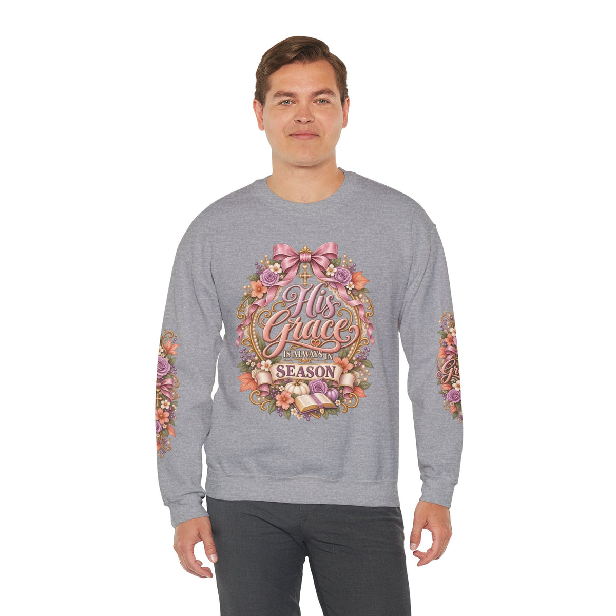 His Grace Is Always in Season sweatshirt in sport grey on model