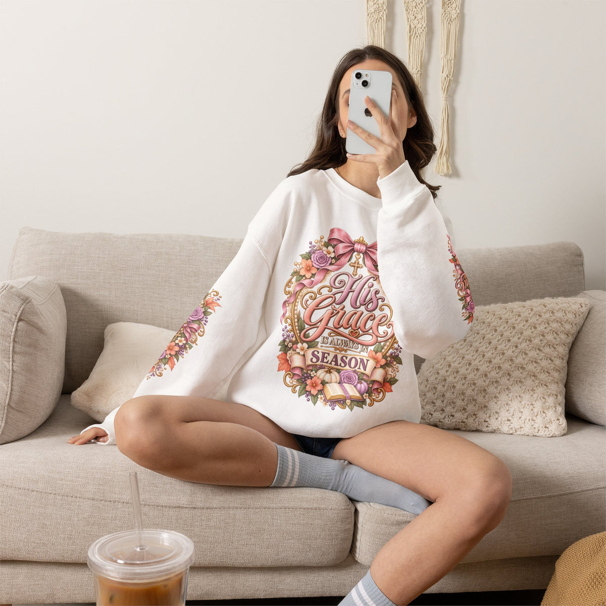 His Grace Is Always in Season sweatshirt in white lifestyle view