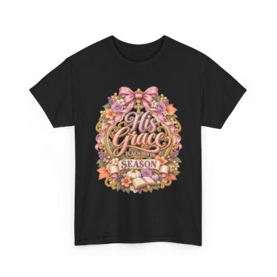 His Grace for Every Season Christian floral T-shirt in black