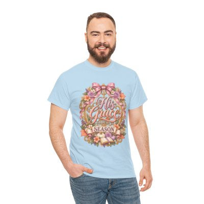 Man wearing the His Grace for Every Season Christian floral T-shirt in light blue