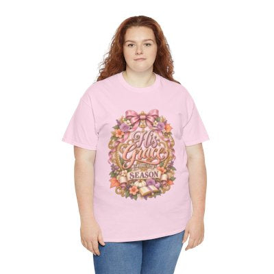 Woman wearing the His Grace for Every Season Christian floral T-shirt in light pink