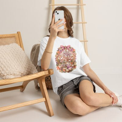 Woman wearing the His Grace for Every Season Christian floral T-shirt in white