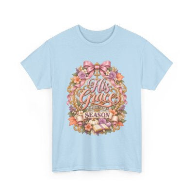 His Grace for Every Season Christian floral T-shirt in light blue