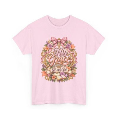 His Grace for Every Season Christian floral T-shirt in light pink
